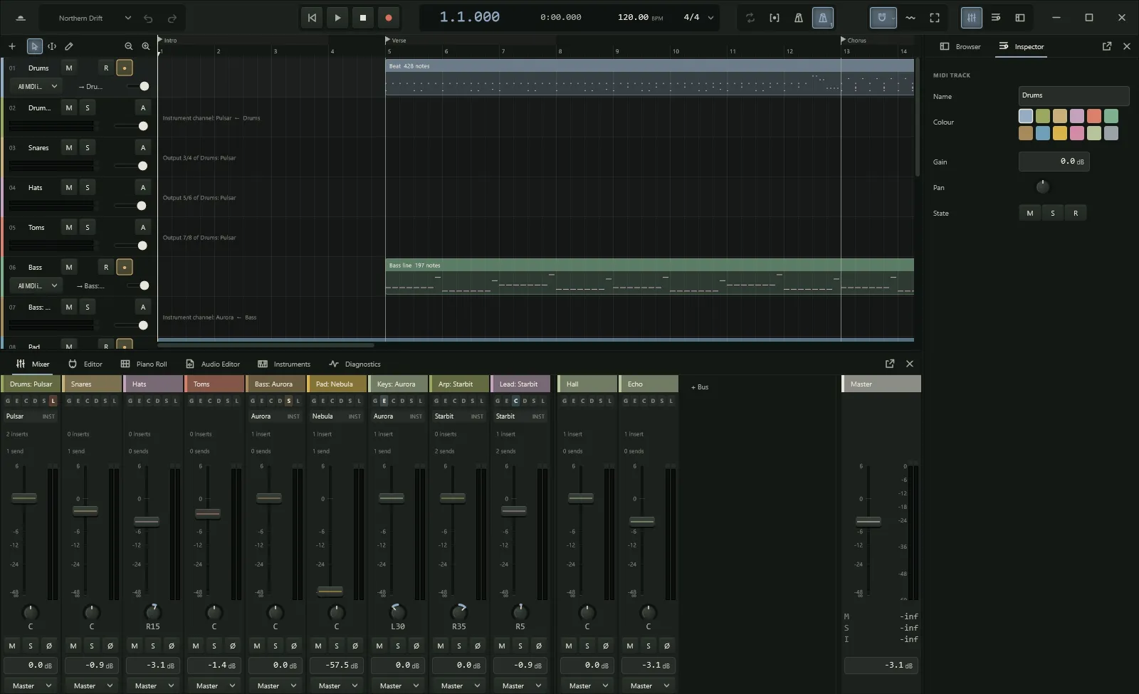 Northlight with a song open: tracks and their MIDI clips in the arrange view, the mixer below and the inspector on the right.
