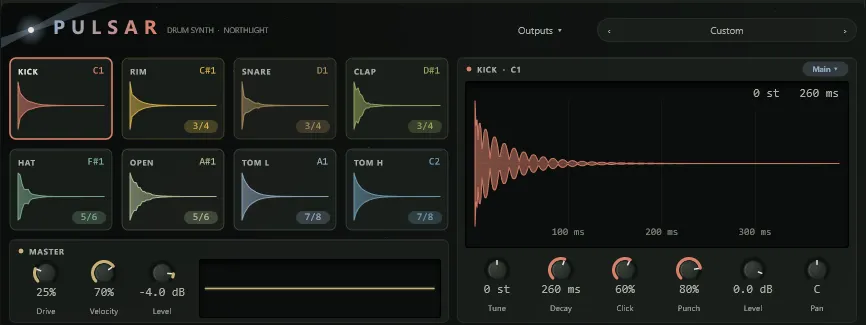 Pulsar, Northlight's drum synth: eight pads with their sounds drawn as waveforms, and controls for the kick.