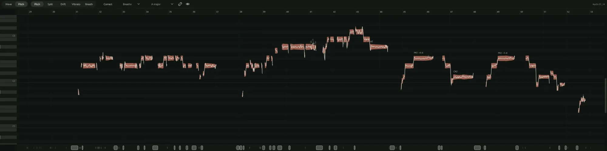The pitch editor: a vocal take's notes drawn as blocks on a piano roll, with the sung pitch traced through each one and two notes labelled with how far off the key they are in cents.