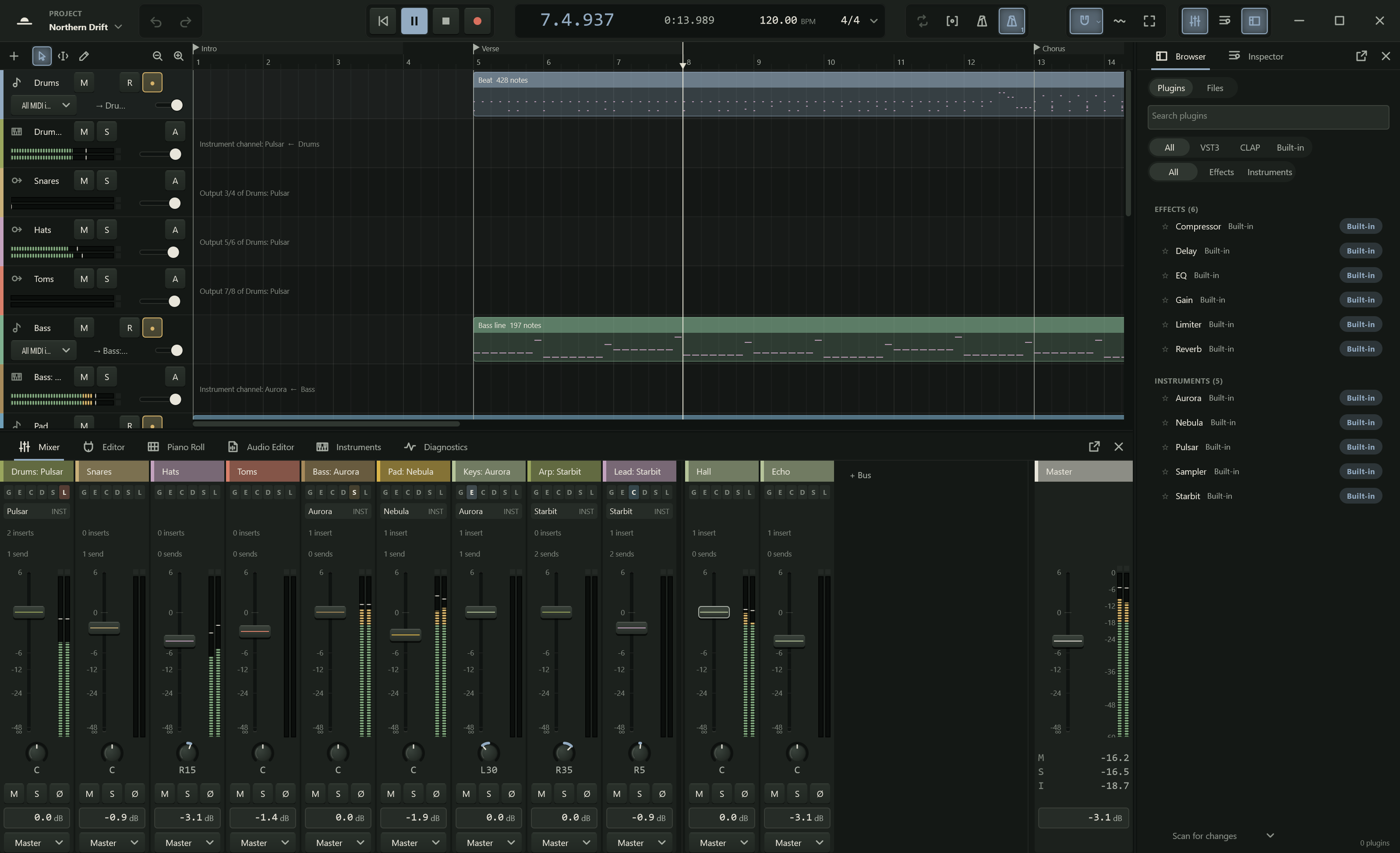 Northlight with the demo song open in the arrange view and the mixer