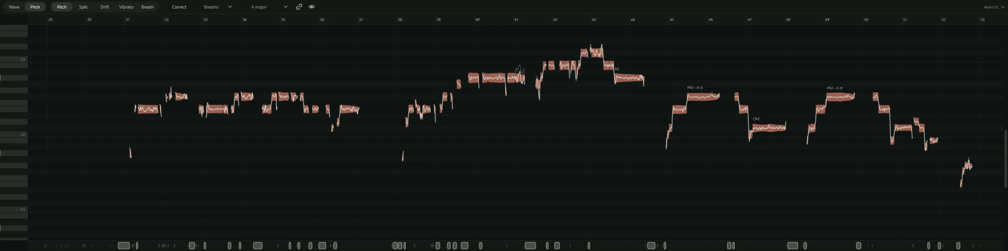 A vocal take in the pitch editor